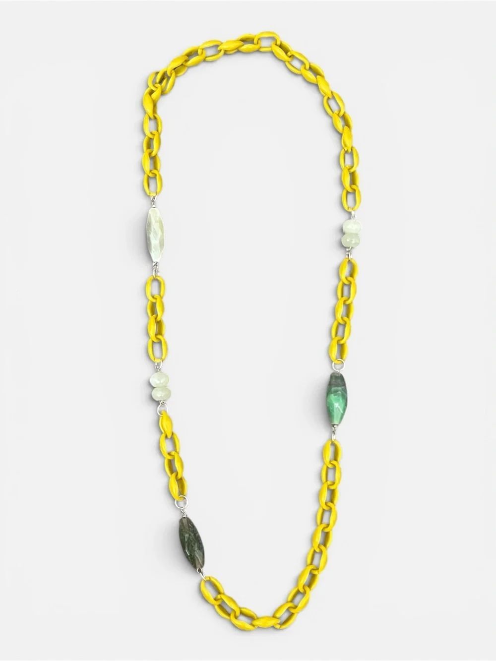 Thick Yellow Chain Necklace with Green Bead Accents